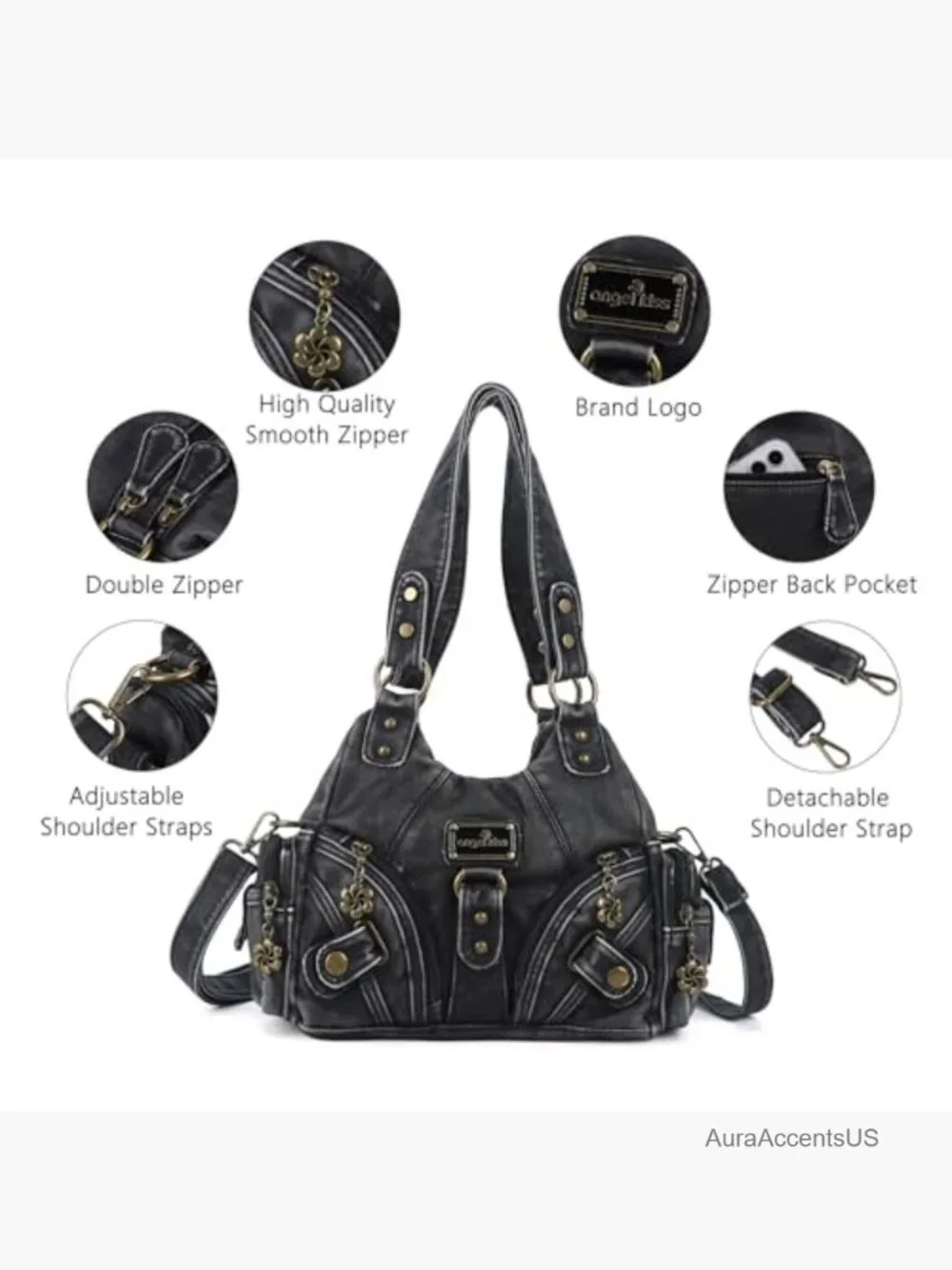Small Hobo Shoulder Bag Vegan Leather Multi-Pocket Tote with Zipper